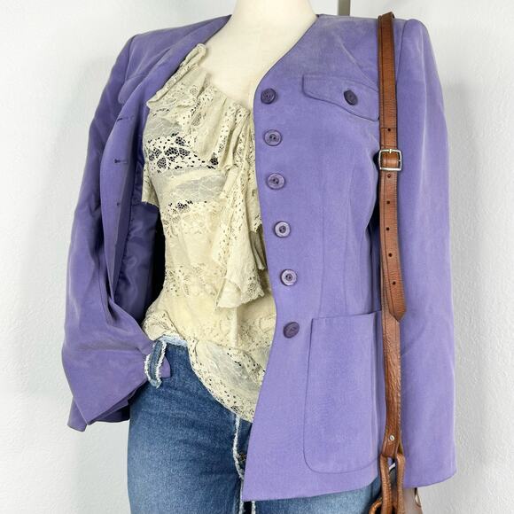 Vintage 90s 100% Silk Jacket Purple Button Front Size 6 Petite - Picture 3 of 9